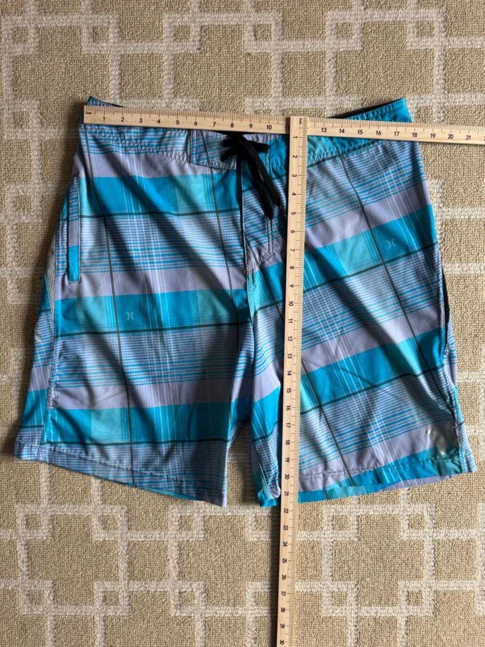 Hurley Phantom Board Shorts Plaid Surf Swim Trunks Blue Gray 36 Waist (Large)
